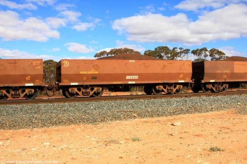 100731 02866
WOE type iron ore waggon WOE 33534 is one of a batch of one hundred and twenty eight built by United Group Rail WA between August 2008 and March 2009 with serial number 950211-074 and fleet number 9026 for Koolyanobbing iron ore operations, on loaded train 7415 at Binduli Triangle, July 31, 2010.
Keywords: WOE-type;WOE33534;United-Group-Rail-WA;950211-074;