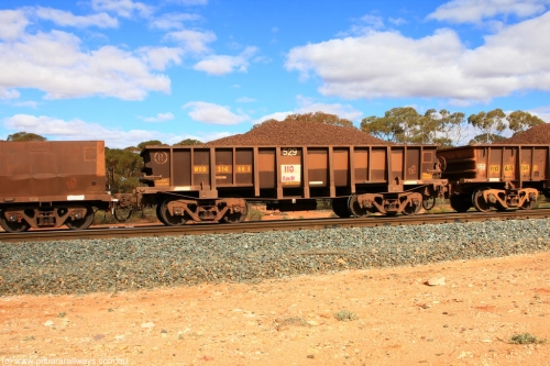 100731 02875
WOD type iron ore waggon WOD 31466 is one of a batch of sixty two built by Goninan WA between April and August 2000 with serial number 950086-038 and fleet number 529 for Koolyanobbing iron ore operations with a 75 ton capacity for Portman Mining to cart their Koolyanobbing iron ore to Esperance, now with PORTMAN painted out, on loaded train 7415 at Binduli Triangle, July 31, 2010.
Keywords: WOD-type;WOD31466;Goninan-WA;950086-038;