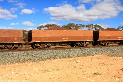 100731 02903
WOE type iron ore waggon WOE 33467 is one of a batch of one hundred and twenty eight built by United Group Rail WA between August 2008 and March 2009 with serial number 950211-009 and fleet number 8974 for Koolyanobbing iron ore operations, on loaded train 7415 at Binduli Triangle, July 31, 2010.
Keywords: WOE-type;WOE33467;United-Group-Rail-WA;950211-009;