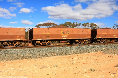100731 02905
WOE type iron ore waggon WOE 33502 is one of a batch of one hundred and twenty eight built by United Group Rail WA between August 2008 and March 2009 with serial number 950211-042 and fleet number 8994 for Koolyanobbing iron ore operations, on loaded train 7415 at Binduli Triangle, July 31, 2010.
Keywords: WOE-type;WOE33502;United-Group-Rail-WA;950211-042;