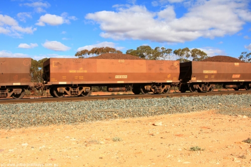 100731 02914
WOE type iron ore waggon WOE 33311 is one of a batch of one hundred and forty one built by United Goninan WA between November 2005 and April 2006 with serial number 950142-016 and fleet number 810 for Koolyanobbing iron ore operations, on loaded train 7415 at Binduli Triangle, July 31, 2010.
Keywords: WOE-type;WOE33311;United-Goninan-WA;950142-016;