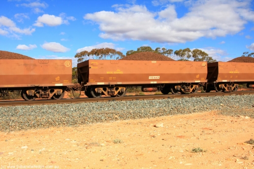 100731 02918
WOE type iron ore waggon WOE 33545 is one of a batch of one hundred and twenty eight built by United Group Rail WA between August 2008 and March 2009 with serial number 950211-085 and fleet number 9028 for Koolyanobbing iron ore operations, on loaded train 7415 at Binduli Triangle, July 31, 2010.
Keywords: WOE-type;WOE33545;United-Group-Rail-WA;950211-085;