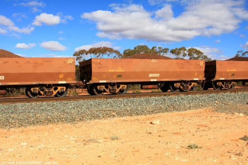 100731 02922
WOE type iron ore waggon WOE 33402 is one of a batch of one hundred and forty one built by United Group Rail WA between November 2005 and April 2006 with serial number 950142-107 and fleet number 8901 for Koolyanobbing iron ore operations, on loaded train 7415 at Binduli Triangle, July 31, 2010.
Keywords: WOE-type;WOE33402;United-Group-Rail-WA;950142-107;