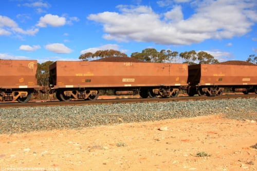 100731 02923
WOE type iron ore waggon WOE 33408 is one of a batch of one hundred and forty one built by United Group Rail WA between November 2005 and April 2006 with serial number 950142-113 and fleet number 8907 for Koolyanobbing iron ore operations, on loaded train 7415 at Binduli Triangle, July 31, 2010.
Keywords: WOE-type;WOE33408;United-Group-Rail-WA;950142-113;