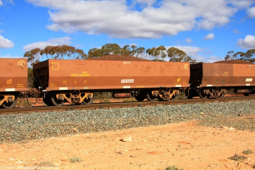 100731 02947
WOE type iron ore waggon WOE 33558 is one of a batch of one hundred and twenty eight built by United Group Rail WA between August 2008 and March 2009 with serial number 950211-098 and fleet number 9055 for Koolyanobbing iron ore operations, on loaded train 7415 at Binduli Triangle, July 31, 2010.
Keywords: WOE-type;WOE33558;United-Group-Rail-WA;950211-098;