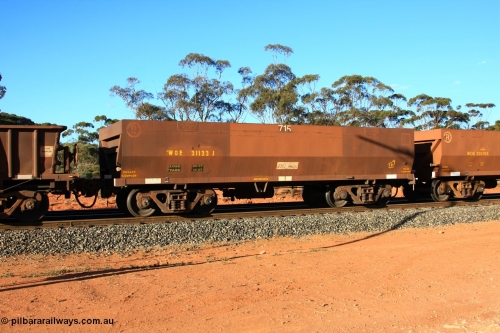 100731 03057
WOE type iron ore waggon WOE 31133 is one of a batch of one hundred and thirty built by Goninan WA between March and August 2001 with serial number 950092-123 and fleet number 715 for Koolyanobbing iron ore operations with PORTMAN painted out and a revised load of 82.5 tonnes, empty train arriving at Binduli Triangle, July 31, 2010.
Keywords: WOE-type;WOE31133;Goninan-WA;950092-123;