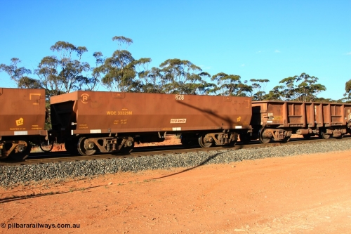 100731 03062
WOE type iron ore waggon WOE 33329 is one of a batch of one hundred and forty one built by United Goninan WA between November 2005 and April 2006 with serial number 950142-034 and fleet number 828 for Koolyanobbing iron ore operations, with and a reduced load of 82.5 tonnes, and with PORTMAN painted out, empty train arriving at Binduli Triangle, July 31, 2010.
Keywords: WOE-type;WOE33329;United-Goninan-WA;950142-034;