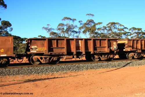 100731 03063
WOB type iron ore waggon WOB 31380 is one of a batch of twenty five built by Comeng WA between 1974 and 1975 and converted from Mt Newman high sided waggons by WAGR Midland Workshops with a capacity of 67 tons with fleet number 305 for Koolyanobbing iron ore operations, empty train arriving at Binduli Triangle, July 31, 2010.
Keywords: WOB-type;WOB31380;Comeng-WA;Mt-Newman-Mining;