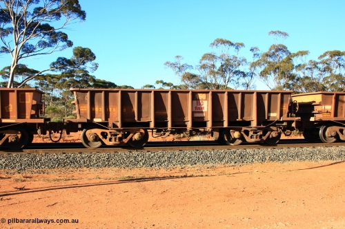 100731 03066
WO type iron ore waggon WO 31280 is one of a batch of eighty six built by WAGR Midland Workshops between 1967 and March 1968 with fleet number 160 for Koolyanobbing iron ore operations, with a 75 ton and 1018 ft³ capacity, empty train arriving at Binduli Triangle, July 31, 2010. This unit was converted to WOG for gypsum in late 1980s till 1994 when it was re-classed back to WO.
Keywords: WO-type;WO31280;WAGR-Midland-WS;