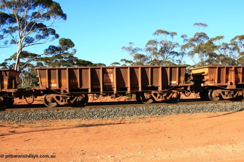 100731 03071
WO type iron ore waggon WO 31208 is one of a batch of eighty six built by WAGR Midland Workshops between 1967 and March 1968 with fleet number 104 for Koolyanobbing iron ore operations, with a 75 ton and 1018 ft³ capacity, empty train arriving at Binduli Triangle, July 31, 2010. This unit was converted to WOC for coal in 1986 till 1994 when it was re-classed back to WO.
Keywords: WO-type;WO31208;WAGR-Midland-WS;