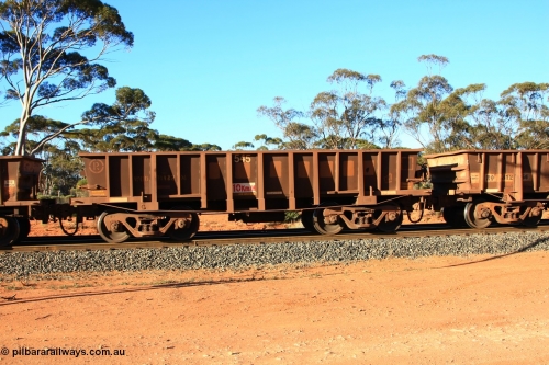 100731 03074
WOD type iron ore waggon WOD 31482 is one of a batch of sixty two built by Goninan WA between April and August 2000 with serial number 950086-054 and fleet number 545 for Koolyanobbing iron ore operations with a 75 ton capacity build date 07/2000, for Portman Mining to cart their Koolyanobbing iron ore to Esperance, PORTMAN has been painted out, empty train arriving at Binduli Triangle, July 31, 2010.
Keywords: WOD-type;WOD31482;Goninan-WA;950086-054;
