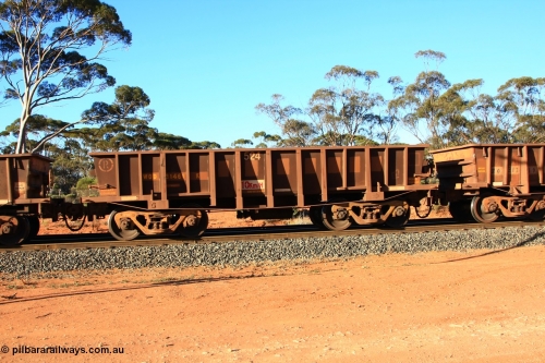 100731 03076
WOD type iron ore waggon WOD 31461 is one of a batch of sixty two built by Goninan WA between April and August 2000 with serial number 950086-033 and fleet number 524 for Koolyanobbing iron ore operations with a 75 ton capacity for Portman Mining to cart their Koolyanobbing iron ore to Esperance, PORTMAN has been painted out, empty train arriving at Binduli Triangle, July 31, 2010.
Keywords: WOD-type;WOD31461;Goninan-WA;950086-033
