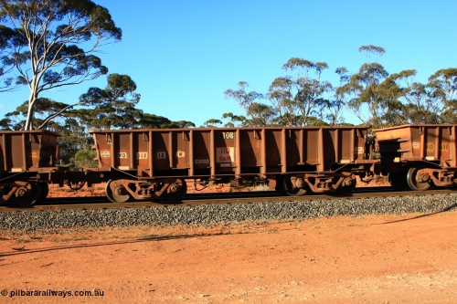 100731 03078
WO type iron ore waggon WO 31212 is one of a batch of eighty six built by WAGR Midland Workshops between 1967 and March 1968 with fleet number 108 for Koolyanobbing iron ore operations, with a 75 ton and 1018 ft³ capacity, empty train arriving at Binduli Triangle, 31st July 2010. This unit was converted to WOS superphosphate in the late 1980s till 1994 when it was re-classed back to WO.
Keywords: WO-type;WO31212;WAGR-Midland-WS;WOS-type;