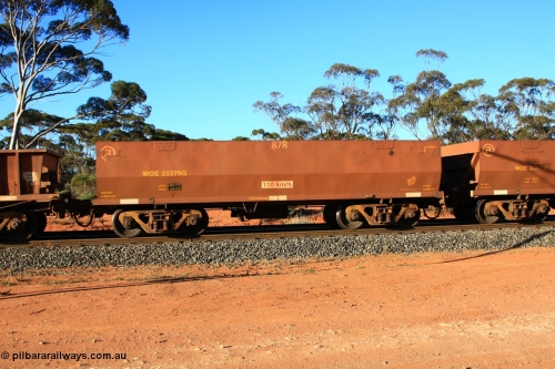 100731 03082
WOE type iron ore waggon WOE 33379 is one of a batch of one hundred and forty one built by United Group Rail WA between November 2005 and April 2006 with serial number 950142-084 and fleet number 878 for Koolyanobbing iron ore operations, empty train arriving at Binduli Triangle, July 31, 2010.
Keywords: WOE-type;WOE33379;United-Group-Rail-WA;950142-084;
