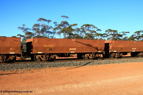 100731 03084
WOE type iron ore waggon WOE 33385 is one of a batch of one hundred and forty one built by United Group Rail WA between November 2005 and April 2006 with serial number 950142-090 and fleet number 884 for Koolyanobbing iron ore operations with PORTMAN painted out and the load revised to 82.5 tonnes, empty train arriving at Binduli Triangle, July 31, 2010.
Keywords: WOE-type;WOE33385;United-Group-Rail-WA;950142-090;