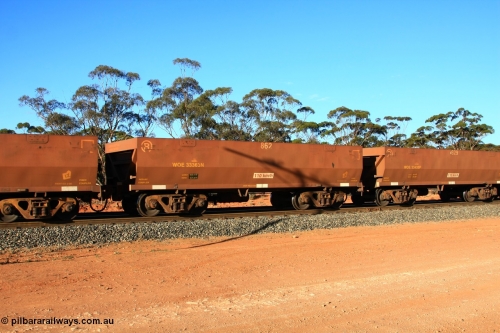 100731 03085
WOE type iron ore waggon WOE 33363 is one of a batch of one hundred and forty one built by United Goninan WA between November 2005 and April 2006 with serial number 950142-068 and fleet number 862 for Koolyanobbing iron ore operations, empty train arriving at Binduli Triangle, July 31, 2010.
Keywords: WOE-type;WOE33363;United-Goninan-WA;950142-068;