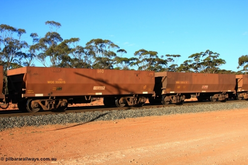 100731 03087
WOE type iron ore waggon WOE 33361 is one of a batch of one hundred and forty one built by United Goninan WA between November 2005 and April 2006 with serial number 950142-066 and fleet number 860 for Koolyanobbing iron ore operations, build date 01/2006 and a revised load of 82.5 tonnes with PORTMAN painted out, empty train arriving at Binduli Triangle, July 31, 2010.
Keywords: WOE-type;WOE33361;United-Goninan-WA;950142-066;