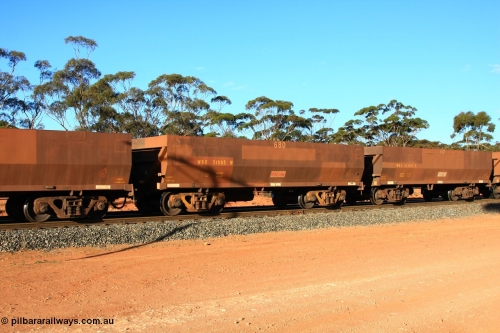 100731 03089
WOE type iron ore waggon WOE 31095 is one of a batch of one hundred and thirty built by Goninan WA between March and August 2001 with serial number 950092-085 and fleet number 680 for Koolyanobbing iron ore operations, empty train arriving at Binduli Triangle, July 31, 2010.
Keywords: WOE-type;WOE31095;Goninan-WA;950092-085;