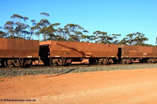 100731 03091
WOE type iron ore waggon WOE 33399 is one of a batch of one hundred and forty one built by United Group Rail WA between November 2005 and April 2006 with serial number 950142-104 and fleet number 898 for Koolyanobbing iron ore operations, empty train arriving at Binduli Triangle, July 31, 2010.
Keywords: WOE-type;WOE33399;United-Group-Rail-WA;950142-104;