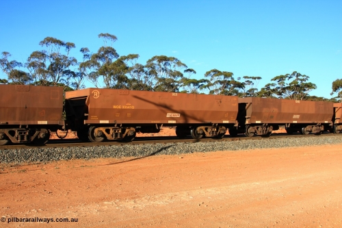 100731 03095
WOE type iron ore waggon WOE 33541 is one of a batch of one hundred and twenty eight built by United Group Rail WA between August 2008 and March 2009 with serial number 950211-081 and fleet number 9031 for Koolyanobbing iron ore operations, empty train arriving at Binduli Triangle, July 31, 2010.
Keywords: WOE-type;WOE33541;United-Group-Rail-WA;950211-081;