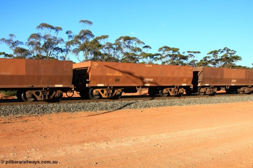 100731 03107
WOE type iron ore waggon WOE 33453 is one of a batch of seventeen built by United Group Rail WA between July and August 2008 with serial number 950209-017 and fleet number 8946 for Koolyanobbing iron ore operations, empty train arriving at Binduli Triangle, July 31, 2010.
Keywords: WOE-type;WOE33453;United-Group-Rail-WA;950209-017;
