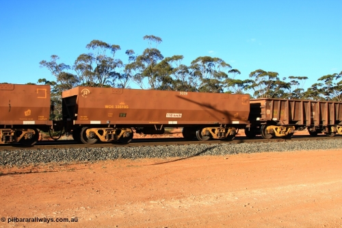 100731 03115
WOE type iron ore waggon WOE 33519 is one of a batch of one hundred and twenty eight built by United Group Rail WA between August 2008 and March 2009 with serial number 950211-059 and fleet number 9009 for Koolyanobbing iron ore operations, empty train arriving at Binduli Triangle, July 31, 2010.
Keywords: WOE-type;WOE33519;United-Group-Rail-WA;950211-059;