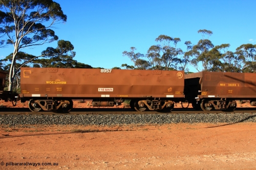 100731 03119
WOE type iron ore waggon WOE 33449 is one of a batch of seventeen built by United Group Rail WA between July and August 2008 with serial number 950209-013 and fleet number 8957 for Koolyanobbing iron ore operations, empty train arriving at Binduli Triangle, July 31, 2010.
Keywords: WOE-type;WOE33449;United-Group-Rail-WA;950209-013;
