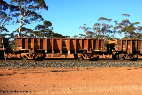 100731 03123
WOC type iron ore waggon WOC 31357 is one of a batch of thirty built by Goninan WA between October 1997 to January 1998 with fleet number 417 for Koolyanobbing iron ore operations with a 75 ton capacity and lettered for KIPL, Koolyanobbing Iron Pty Ltd with the IPL painted over, empty train arriving at Binduli Triangle, July 31, 2010.
Keywords: WOC-type;WOC31357;Goninan-WA;