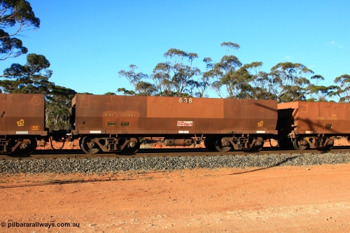 100731 03126
WOE type iron ore waggon WOE 30296 is one of a batch of one hundred and thirty built by Goninan WA between March and August 2001 with serial number 950092-046 and fleet number 638 for Koolyanobbing iron ore operations, empty train arriving at Binduli Triangle, July 31, 2010.
Keywords: WOE-type;WOE30296;Goninan-WA;950092-046;