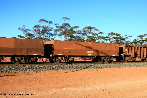 100731 03136
WOE type iron ore waggon WOE 33342 is one of a batch of one hundred and forty one built by United Goninan WA between November 2005 and April 2006 with serial number 950142-047 and fleet number 841 for Koolyanobbing iron ore operations, empty train arriving at Binduli Triangle, July 31, 2010.
Keywords: WOE-type;WOE33342;United-Goninan-WA;950142-047;