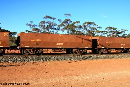 100731 03144
WOE type iron ore waggon WOE 33400 is one of a batch of one hundred and forty one built by United Group Rail WA between November 2005 and April 2006 with serial number 950142-105 and fleet number 899 for Koolyanobbing iron ore operations, empty train arriving at Binduli Triangle, July 31, 2010.
Keywords: WOE-type;WOE33400;United-Group-Rail-WA;950142-105;