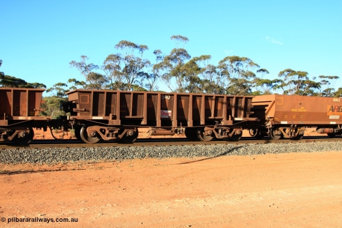 100731 03147
WOD type iron ore waggon WOD 31477 is one of a batch of sixty two built by Goninan WA between April and August 2000 with serial number 950086-049 and fleet number 540 for Koolyanobbing iron ore operations with a 75 ton capacity for Portman Mining to cart their Koolyanobbing iron ore to Esperance, PORTMAN has been painted out, empty train arriving at Binduli Triangle, July 31, 2010.
Keywords: WOD-type;WOD31477;Goninan-WA;950086-049;