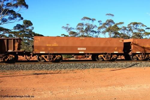 100731 03158
WOE type iron ore waggon WOE 33555 is one of a batch of one hundred and twenty eight built by United Group Rail WA between August 2008 and March 2009 with serial number 950211-095 and fleet number 9048 for Koolyanobbing iron ore operations, empty train arriving at Binduli Triangle, July 31, 2010.
Keywords: WOE-type;WOE33555;United-Group-Rail-WA;950211-095;