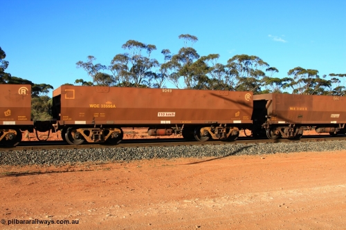 100731 03159
WOE type iron ore waggon WOE 33556 is one of a batch of one hundred and twenty eight built by United Group Rail WA between August 2008 and March 2009 with serial number 950211-096 and fleet number 9049 for Koolyanobbing iron ore operations, empty train arriving at Binduli Triangle, 31st July 2010.
Keywords: WOE-type;WOE33556;United-Group-Rail-WA;950211-096;
