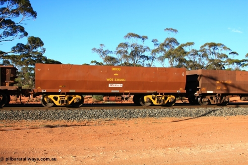 100731 03164
WOE type iron ore waggon WOE 33503 is one of a batch of one hundred and twenty eight built by United Group Rail WA between August 2008 and March 2009 with serial number 950211-043 and fleet number 9008 for Koolyanobbing iron ore operations, looks to have been repainted, small ARG decals and number board painted in the middle of waggon, empty train arriving at Binduli Triangle, July 31, 2010.
Keywords: WOE-type;WOE33503;United-Group-Rail-WA;950211-043;