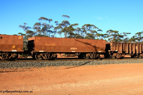 100731 03173
WOE type iron ore waggon WOE 33436 is one of a batch of one hundred and forty one built by United Group Rail WA between November 2005 and April 2006 with serial number 950142-141 and fleet number 8935 for Koolyanobbing iron ore operations with the 8 being an addition as the fleet size has increased beyond 1000 waggons, 82.5 ton capacity and build date of 04/2006 waggon for Portman Mining, empty train arriving at Binduli Triangle, July 31, 2010.
Keywords: WOE-type;WOE33436;United-Group-Rail-WA;950142-141;
