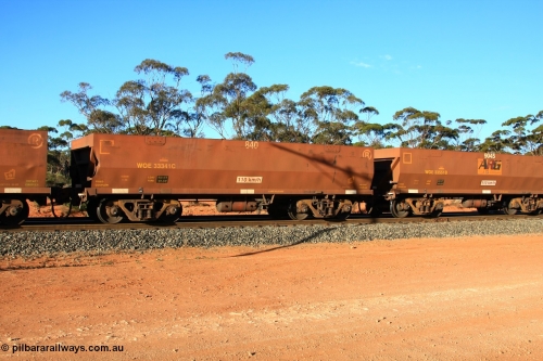 100731 03179
WOE type iron ore waggon WOE 33341 is one of a batch of one hundred and forty one built by United Goninan WA between November 2005 and April 2006 with serial number 950142-046 and fleet number 840 for Koolyanobbing iron ore operations with and a load of 82.5 tonnes, empty train arriving at Binduli Triangle, July 31, 2010.
Keywords: WOE-type;WOE33341;United-Goninan-WA;950142-046;
