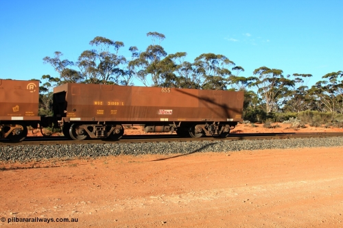 100731 03181
WOE type iron ore waggon WOE 31069 is one of a batch of one hundred and thirty built by Goninan WA between March and August 2001 with serial number 950092-059 and fleet number 655 for Koolyanobbing iron ore operations, with PORTMAN painted out and the load revised down to 72.5 tonnes, empty train arriving at Binduli Triangle, July 31, 2010.
Keywords: WOE-type;WOE31069;Goninan-WA;950092-059;