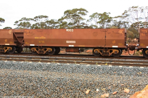 100822 5867
WOE type iron ore waggon WOE 33404 is one of a batch of one hundred and forty one built by United Group Rail WA between November 2005 and April 2006 with serial number 950142-109 and fleet number 8903 for Koolyanobbing iron ore operations, Binduli Triangle 22nd August 2010.
Keywords: WOE-type;WOE33404;United-Group-Rail-WA;950142-109;