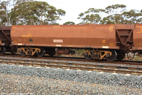 100822 5874
WOE type iron ore waggon WOE 33511 is one of a batch of one hundred and twenty eight built by United Group Rail WA between August 2008 and March 2009 with serial number 950211-051 and fleet number 8998 for Koolyanobbing iron ore operations, Binduli Triangle August 22, 2010.
Keywords: WOE-type;WOE33511;United-Group-Rail-WA;950211-051;