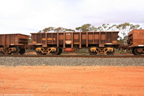 100822 5928
WOD type iron ore waggon WOD 31473 is one of a batch of sixty two built by Goninan WA between April and August 2000 with serial number 950086-045 and fleet number 536 for Koolyanobbing iron ore operations with a 75 ton capacity for Portman Mining to cart their Koolyanobbing iron ore to Esperance, now with PORTMAN painted out, Binduli Triangle August 22, 2010.
Keywords: WOD-type;WOD31473;Goninan-WA;950086-045;