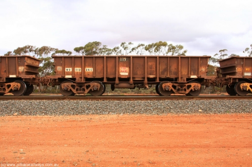 100822 5933
WO type iron ore waggon WO 31224 is one of a batch of eighty six built by WAGR Midland Workshops between 1967 and March 1968 with fleet number 119 for Koolyanobbing iron ore operations, with a 75 ton and 1018 ft³ capacity, Binduli Triangle August 22, 2010. This unit was converted to WOC for coal in 1986 till 1994 when it was re-classed back to WO.
Keywords: WO-type;WO31224;WAGR-Midland-WS;