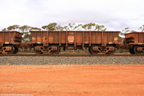 100822 5938
WO type iron ore waggon WO 31271 is one of a batch of eighty six built by WAGR Midland Workshops between 1967 and March 1968 with fleet number 153 for Koolyanobbing iron ore operations, with a 75 ton and 1018 ft³ capacity, Binduli Triangle August 22, 2010. This unit was converted to WOS superphosphate in the late 1980s till 1994 when it was re-classed back to WO.
Keywords: WO-type;WO31271;WAGR-Midland-WS;WOS-type;