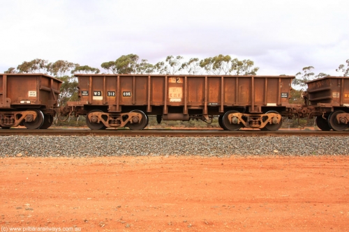 100822 5939
WO type iron ore waggon WO 31269 is one of a batch of eighty six built by WAGR Midland Workshops between 1967 and March 1968 with fleet number 152 for Koolyanobbing iron ore operations, with a 75 ton and 1018 ft³ capacity, Binduli Triangle August 22, 2010. This unit was converted to WOC for coal in 1986 till 1994 when it was re-classed back to WO.
Keywords: WO-type;WO31269;WAGR-Midland-WS;