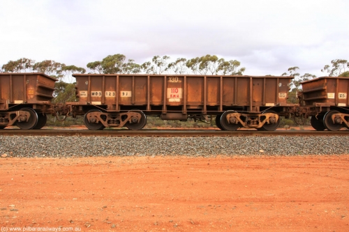 100822 5942
WO type iron ore waggon WO 31239 is one of a batch of eighty six built by WAGR Midland Workshops between 1967 and March 1968 with fleet number 130 for Koolyanobbing iron ore operations, with a 75 ton and 1018 ft³ capacity, Binduli Triangle August 22, 2010. This unit was converted to WOC for coal in 1986 till 1994 when it was re-classed back to WO.
Keywords: WO-type;WO31239;WAGR-Midland-WS;