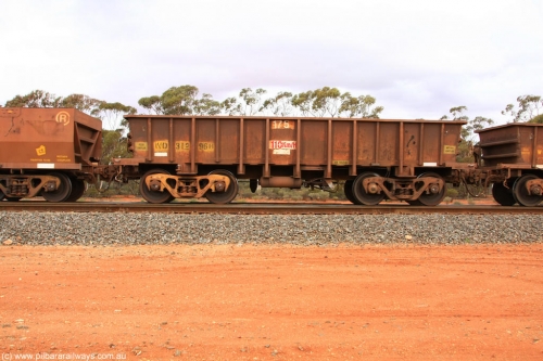 100822 5944
WO type iron ore waggon WO 31296 is one of a batch of fifteen built by WAGR Midland Workshops between July and October 1968 with fleet number 175 for Koolyanobbing iron ore operations, with a 75 ton and 1018 ft³ capacity, Binduli Triangle 22nd August 2010. This unit was converted to WOC for coal in 1986 till 1994 when it was re-classed back to WO.
Keywords: WO-type;WO31296;WAGR-Midland-WS;
