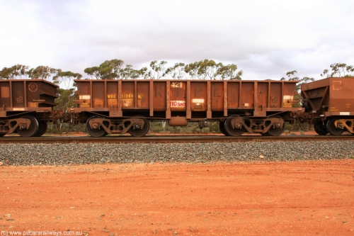 100822 5950
WOC type iron ore waggon WOC 31361 is one of a batch of thirty built by Goninan WA between October 1997 to January 1998 with fleet number 421 and build date of 12/1997, for Koolyanobbing iron ore operations with a 75 ton capacity and lettered for KIPL, Koolyanobbing Iron Pty Ltd 'KIPL', Binduli Triangle August 22, 2010.
Keywords: WOC-type;WOC31361;Goninan-WA;