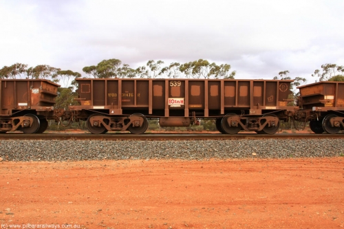 100822 5951
WOD type iron ore waggon WOD 31476 is one of a batch of sixty two built by Goninan WA between April and August 2000 with serial number 950086-048 and fleet number 539 for Koolyanobbing iron ore operations with a 75 ton capacity with a build date of 07/2000, for Portman Mining to cart their Koolyanobbing iron ore to Esperance, with the letters now painted over, Binduli Triangle August 22, 2010.
Keywords: WOD-type;WOD31476;Goninan-WA;950086-048;