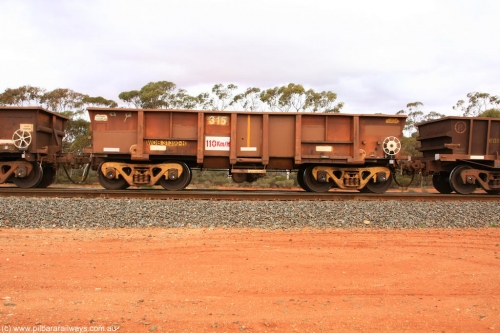 100822 5971
WOB type iron ore waggon WOB 31390 is one of a batch of twenty five built by Comeng WA between 1974 and 1975 and converted from Mt Newman high sided waggons by WAGR Midland Workshops with a capacity of 67 tons with fleet number 315 for Koolyanobbing iron ore operations and is one of the 15 converted to WSM type ballast hoppers by re-fitting the removed top section of the body and fitting bottom discharge doors. Converted back to WOB in 1997. Binduli Triangle, August 22, 2010.
Keywords: WOB-type;WOB31390;Comeng-WA;WSM-type;Mt-Newman-Mining;
