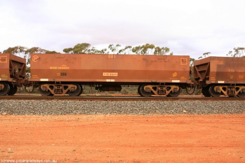 100822 5981
WOE type iron ore waggon WOE 33382 is one of a batch of one hundred and forty one built by United Group Rail WA between November 2005 and April 2006 with serial number 950142-087 and fleet number 881 for Koolyanobbing iron ore operations, Binduli Triangle August 22, 2010.
Keywords: WOE-type;WOE33382;United-Group-Rail-WA;950142-087;